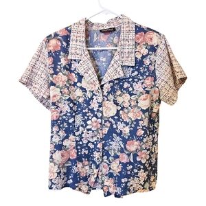 Vintage 90s CABRAIS Floral Button-Down Top Blue & Pink